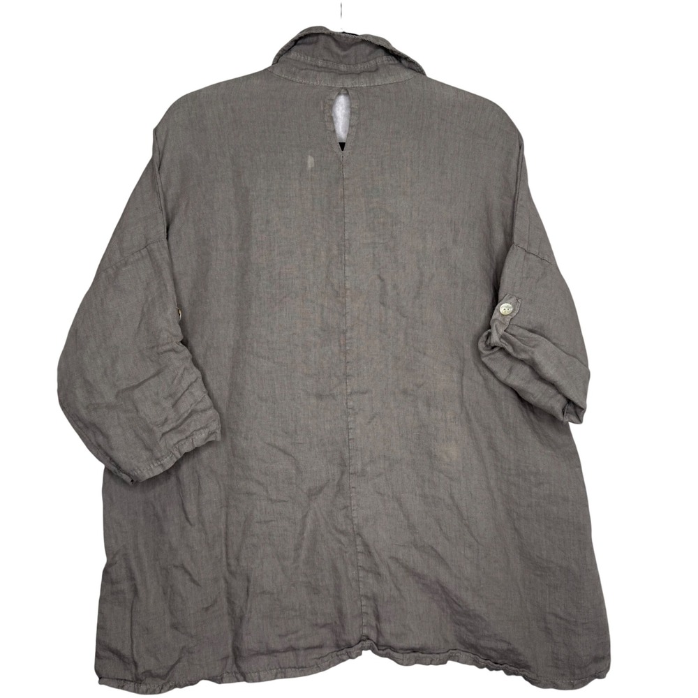 Meo Meli Italy Linen Button Up Shirt Top Roll Tab Sleeve Gray Brown READ - Picture 2 of 6